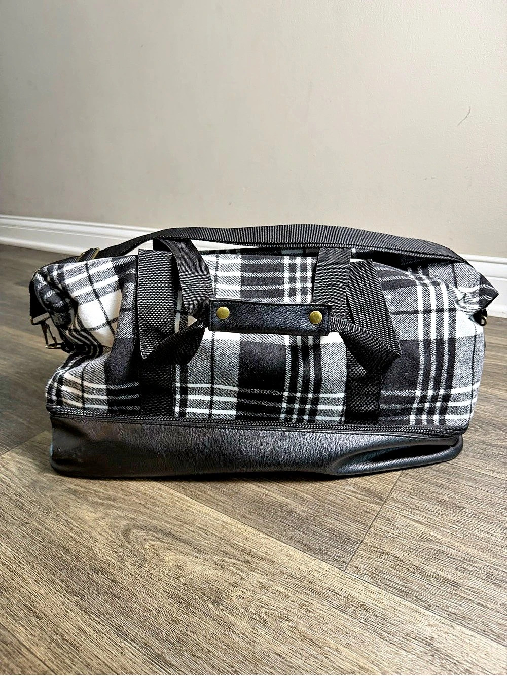 DSW Black and White Plaid Weekender Duffel Bag